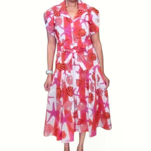 LHD Glades sea shell starfish striped cotton button up belted midi dress Size 8 - Picture 4 of 12